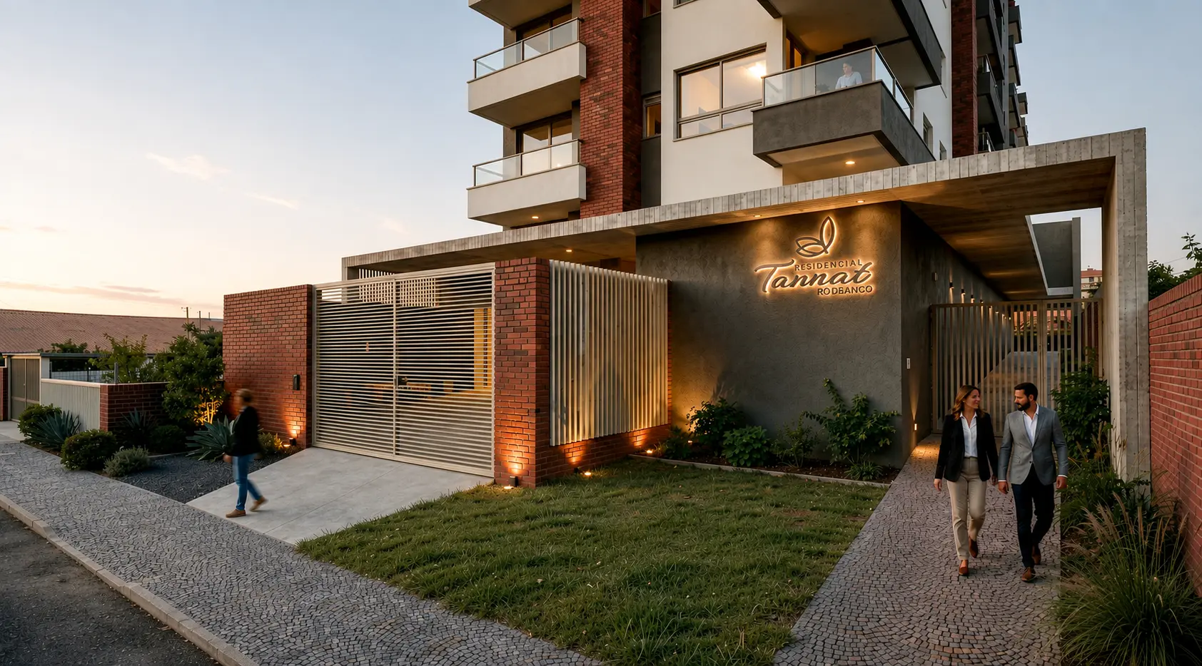 Entrada do Residencial Tannat ao entardecer
