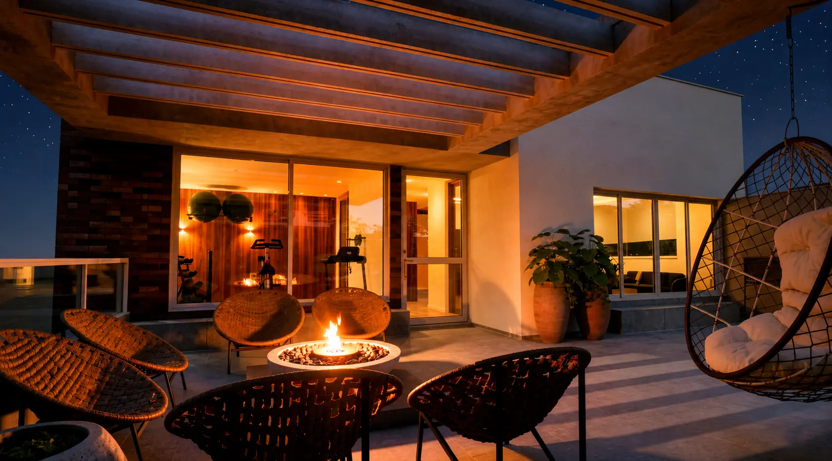 Fire place no rooftop do Residencial Tannat à noite